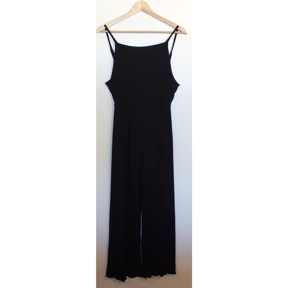 Vintage Y2K Jumpsuit Womens Large Black Crinkle Wide Leg Tie Back USA Boho Goth